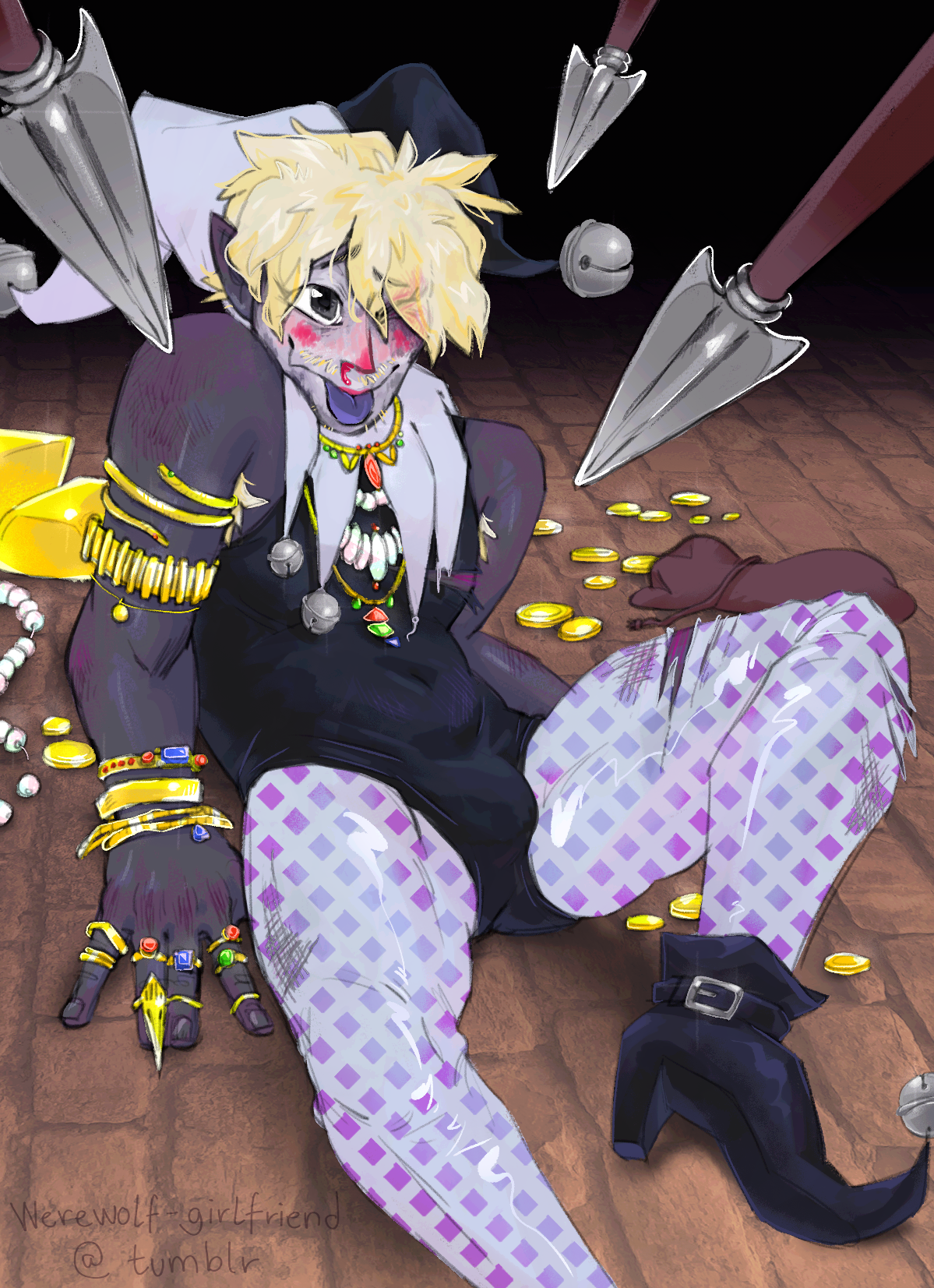 Digital art of a Dungeons and Dragons drow rogue splayed on the stone floor amid golden coins and jewellery. Three silver spearheads are held threateningly above him, while the jester rouge looks back to them in a clumsily apologetic way.